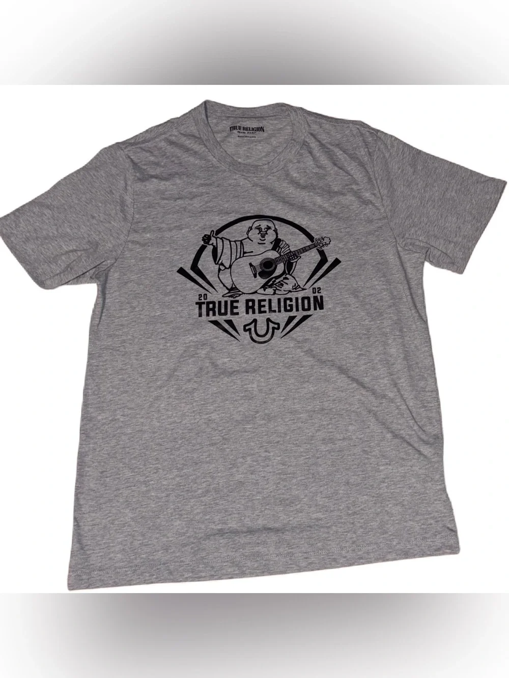 True Religion Heather Gray Tee with Black Graphic Buddha Men’s M